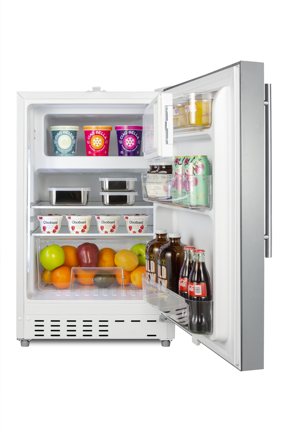 Built-in undercounter ADA compliant refrigerator-freezer with a stainless steel cabinet and reversible SS door, with a vertical handle for residential use, manual defrost with glass shelves, front lock, and door storage